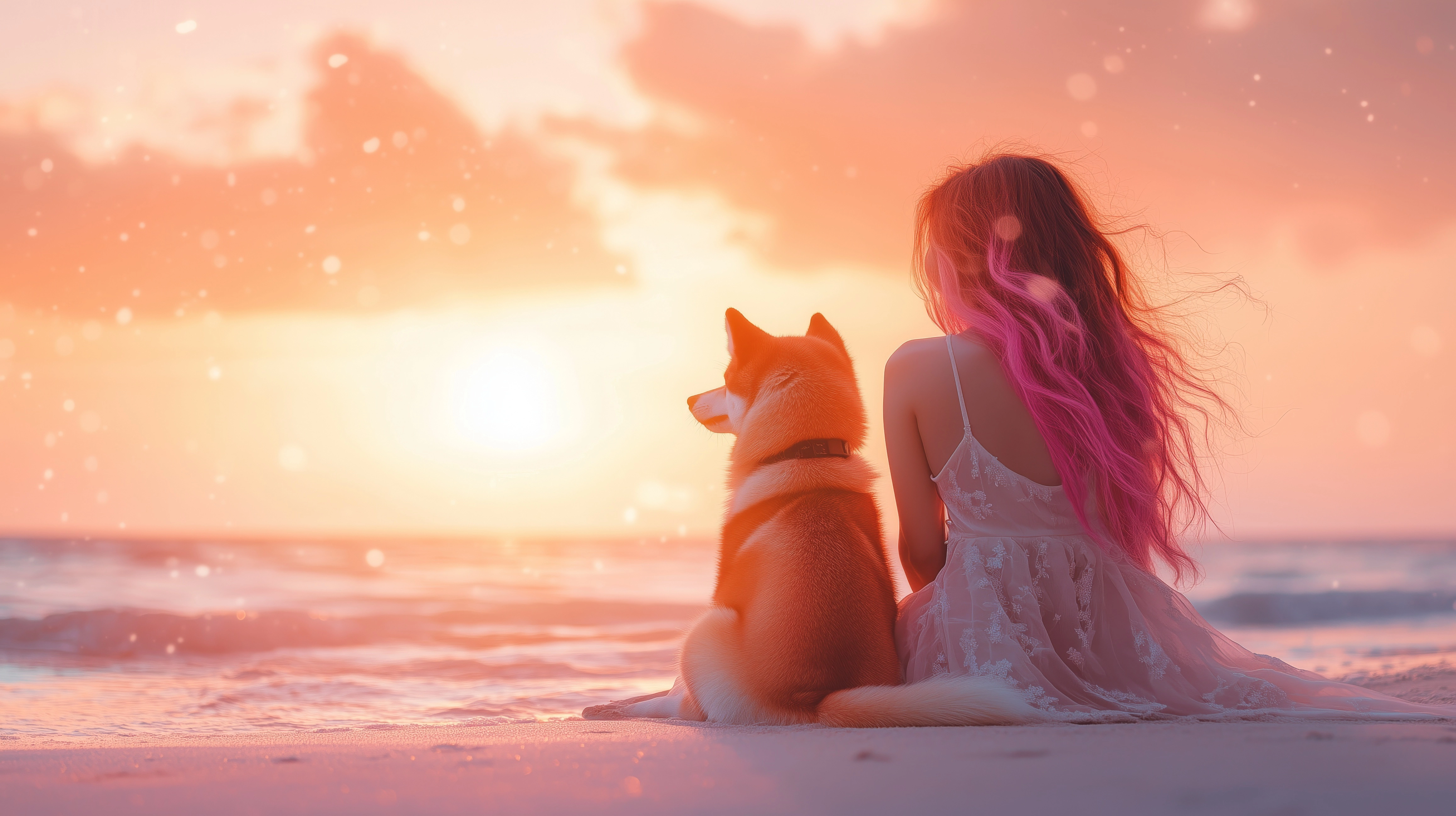 Femme et shiba sur la plage regardant l'horizon, bannière À propos
