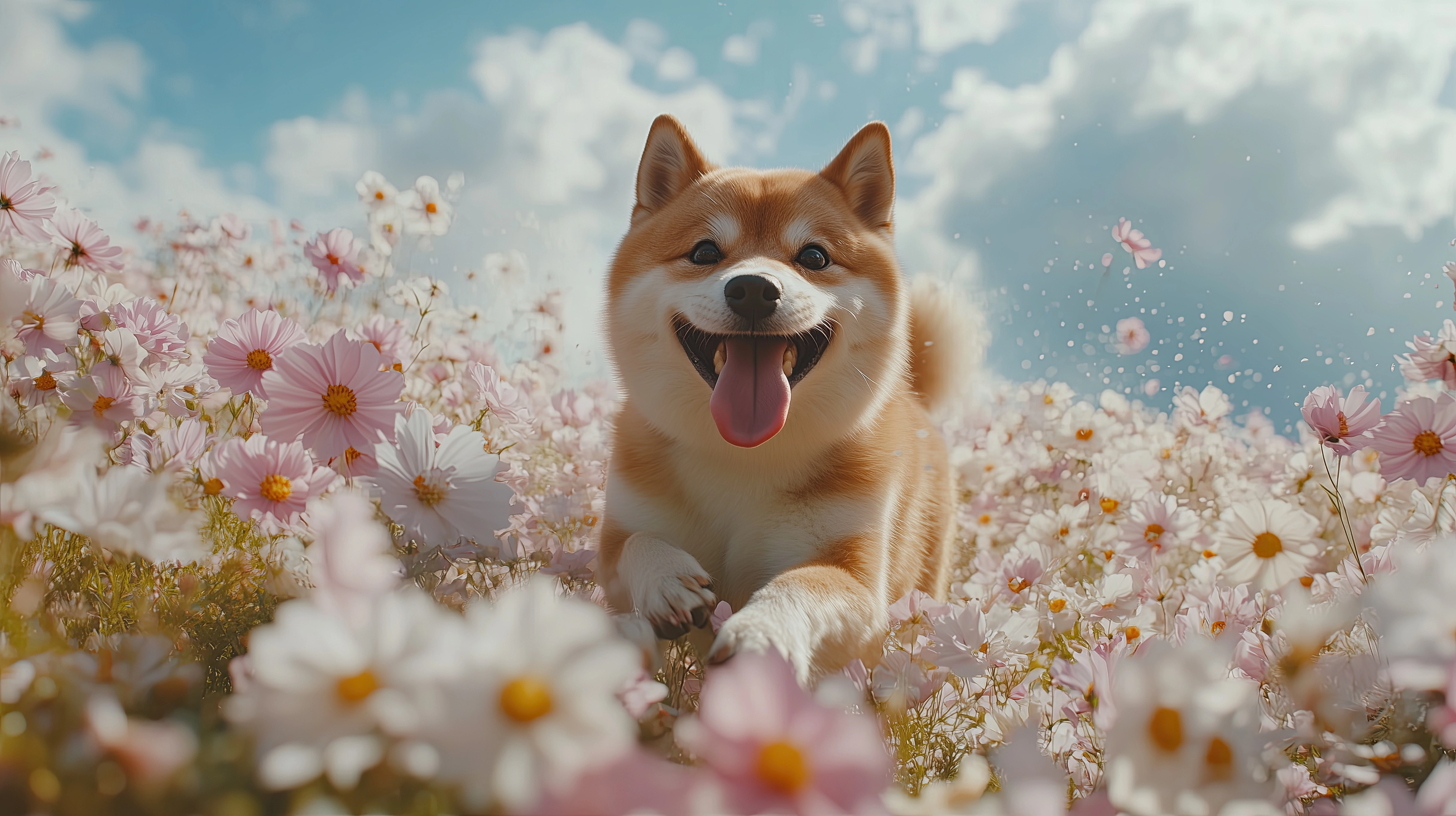 Shiba gambadant dans un champ fleuri, bannière Contact