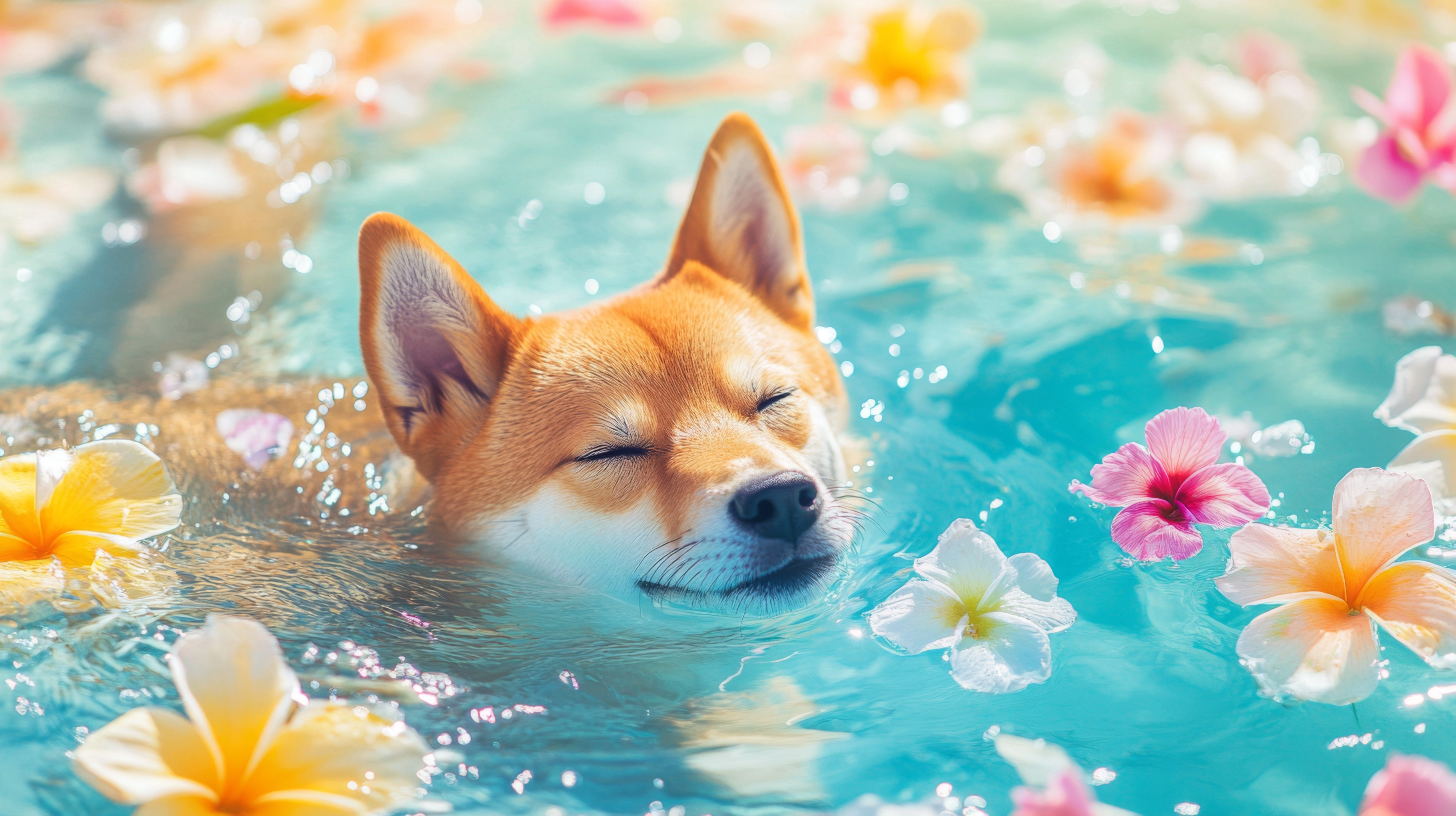 Shiba nageant dans l'eau entouré de fleurs tropicales, bannière d'accueil